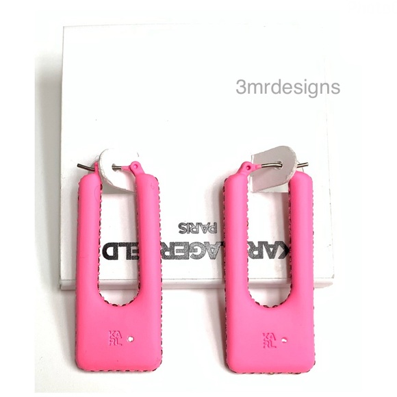 NWT KARL LAGERFELD Pink Color-Coated Glass Crystal Square Hoop Earrings - Picture 5 of 7